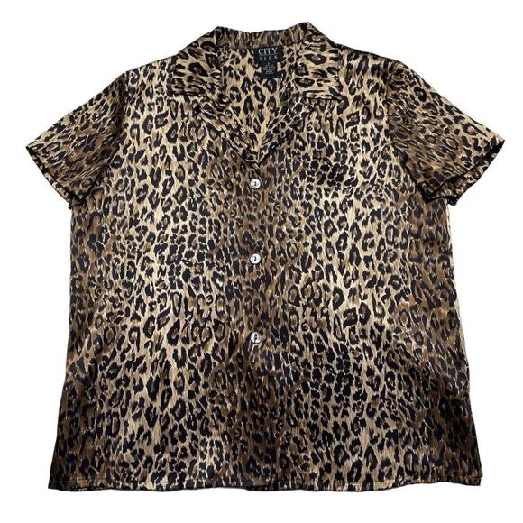 Vintage City Silk 100% Silk Leopard Print Button Front Blouse Short Sleeve Sz L - Picture 5 of 11